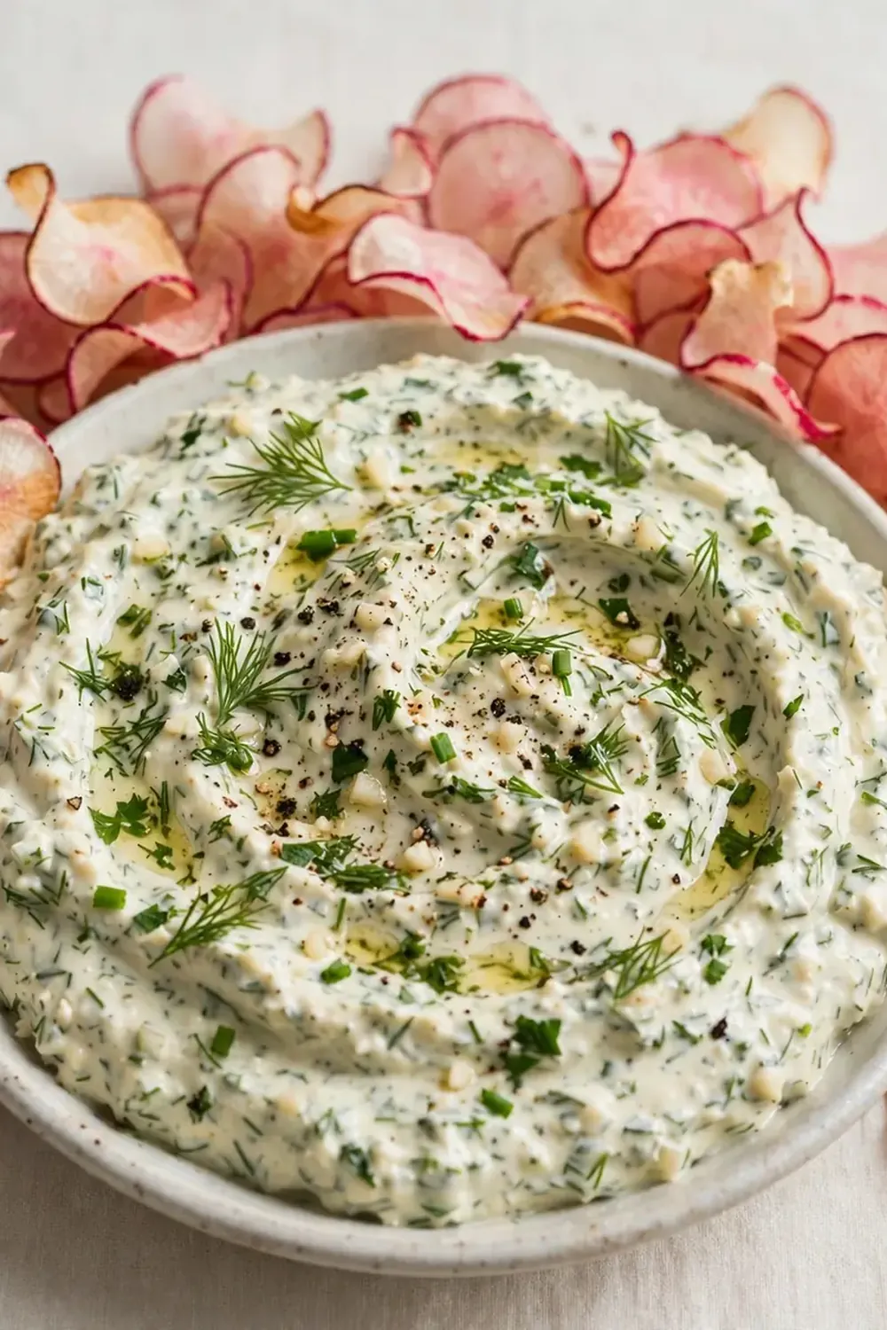Creamy Garlic Herb Dip with Radish Chips