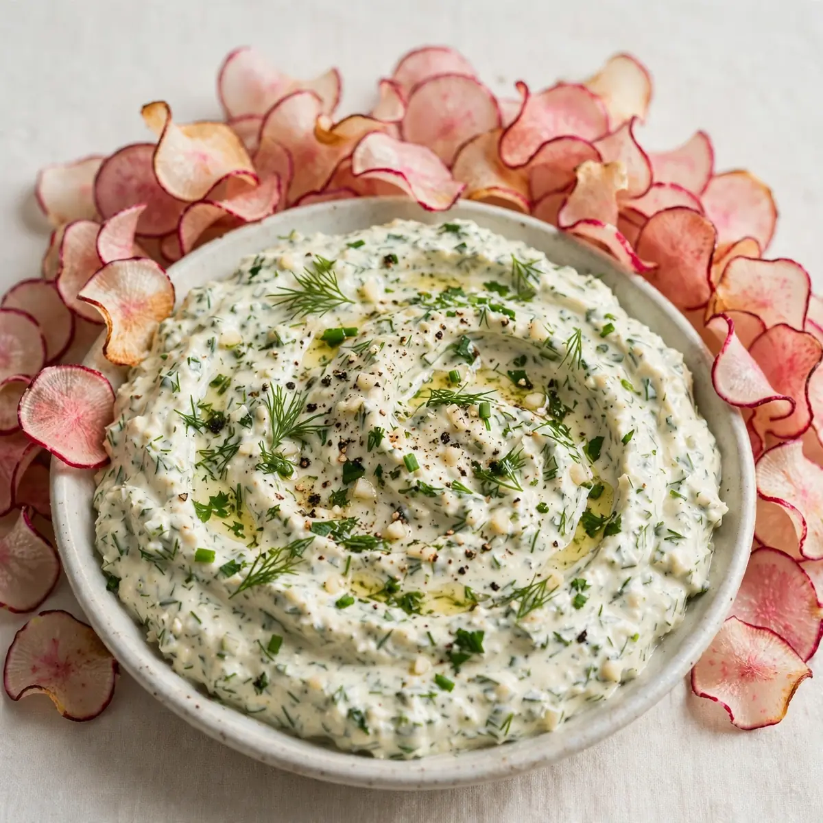 20-Min Creamy Garlic Herb Dip with Radish Chips
