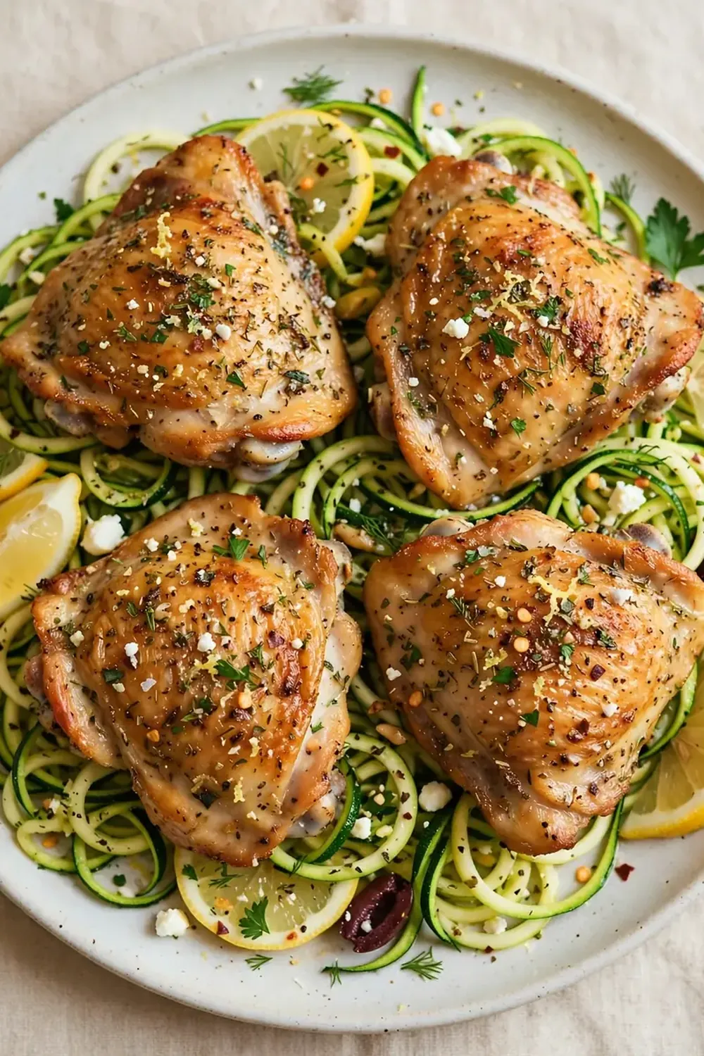 Greek Lemon Chicken Thighs with Zucchini Noodles