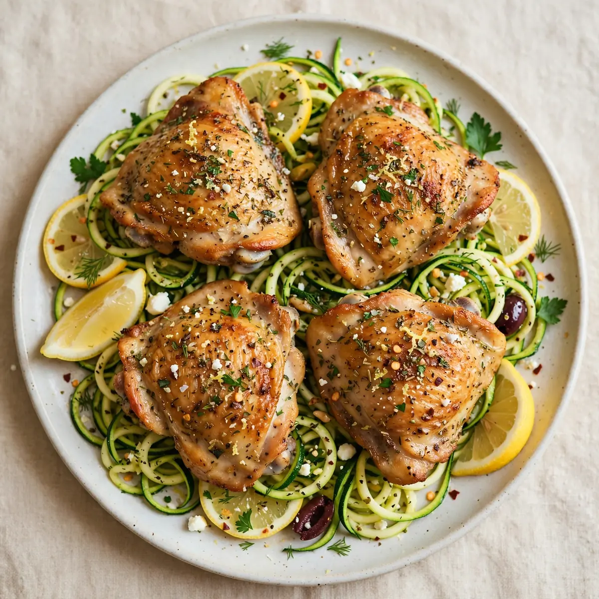 30-Minute Greek Lemon Chicken Thighs with Zucchini Noodles