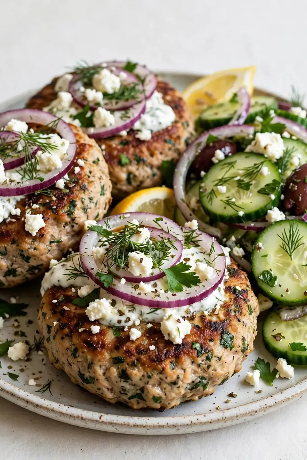 Greek Turkey Burgers with Cucumber Salad