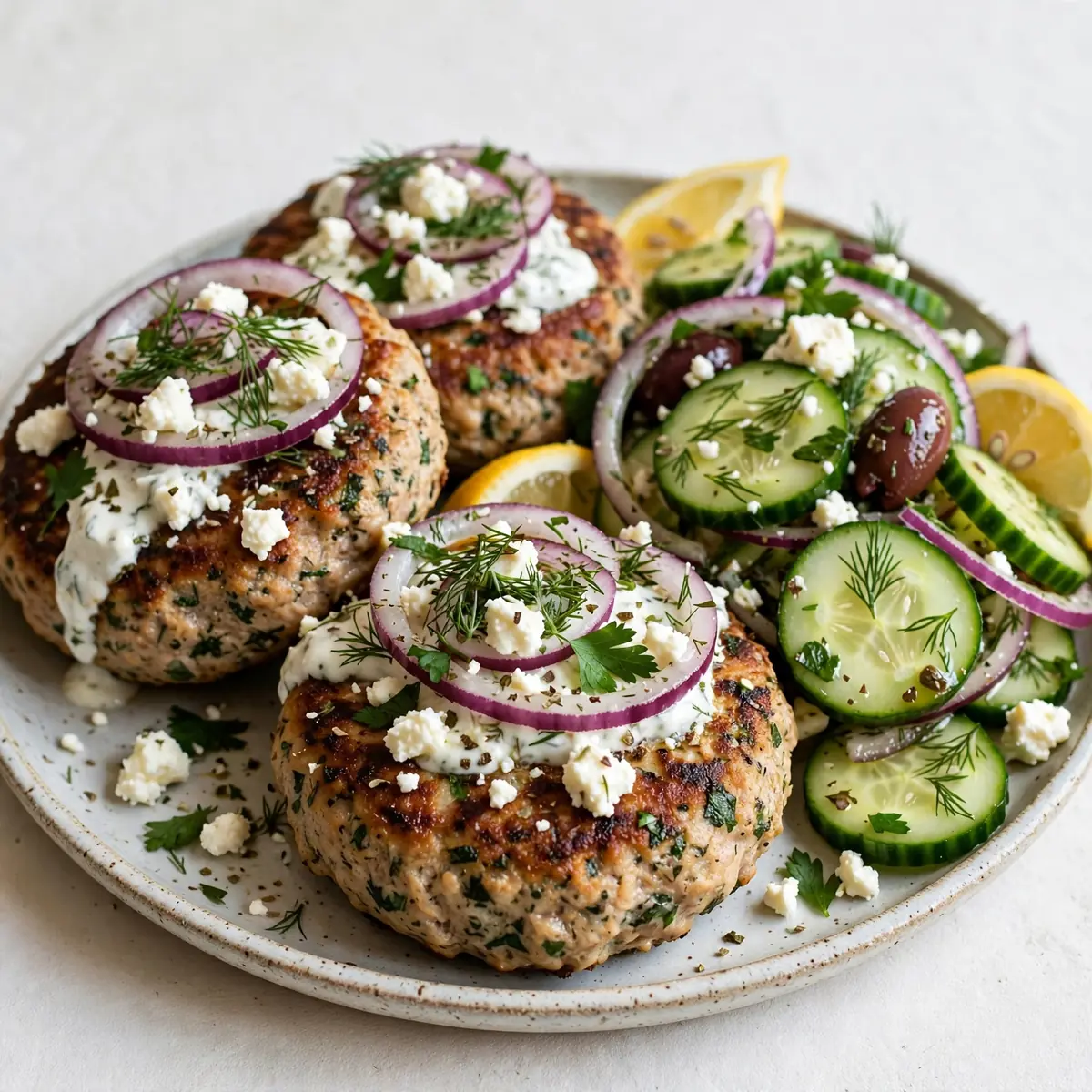 30-Minute Greek Turkey Burgers with Cucumber Salad