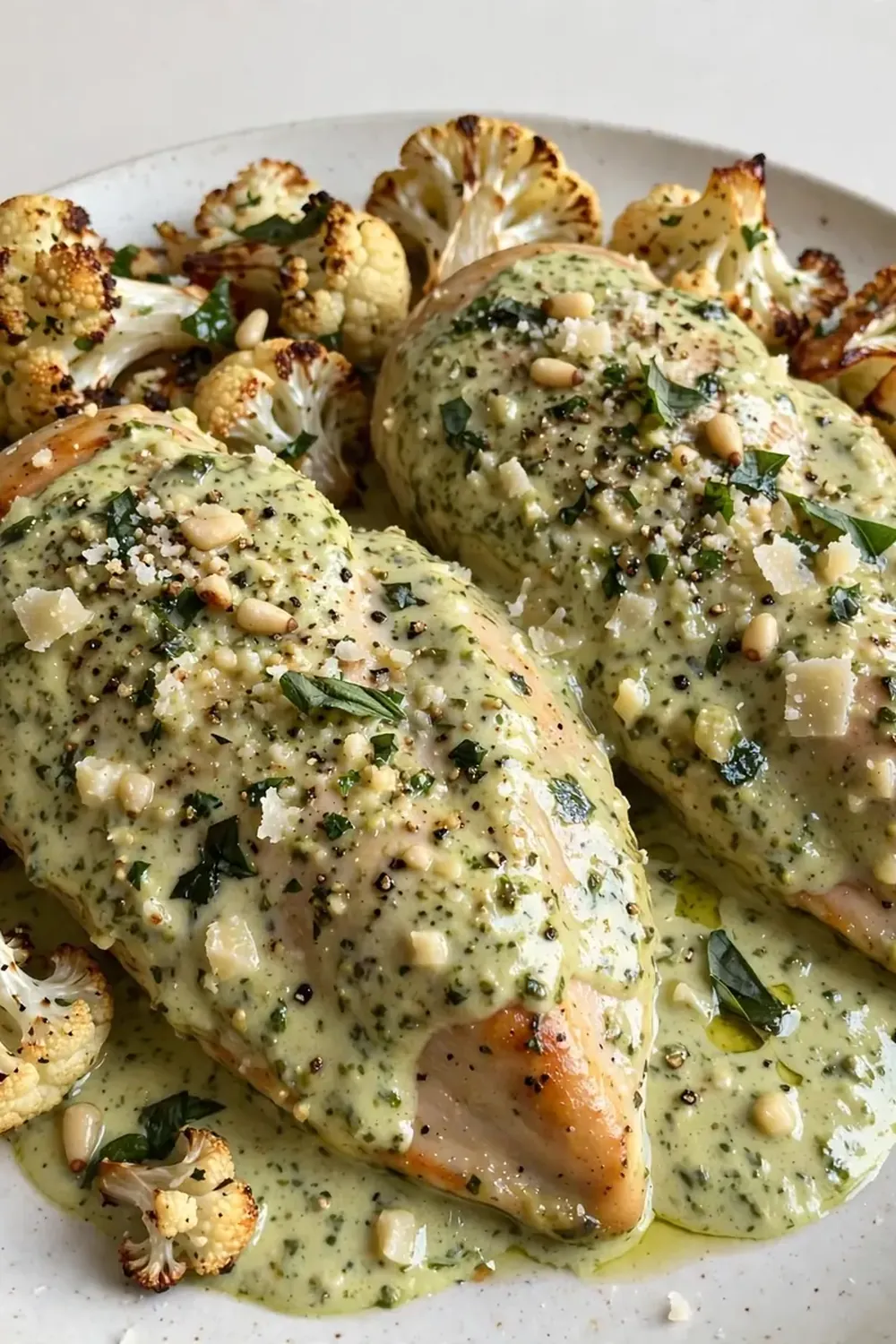 Creamy Pesto Chicken Breasts with Roasted Cauliflower
