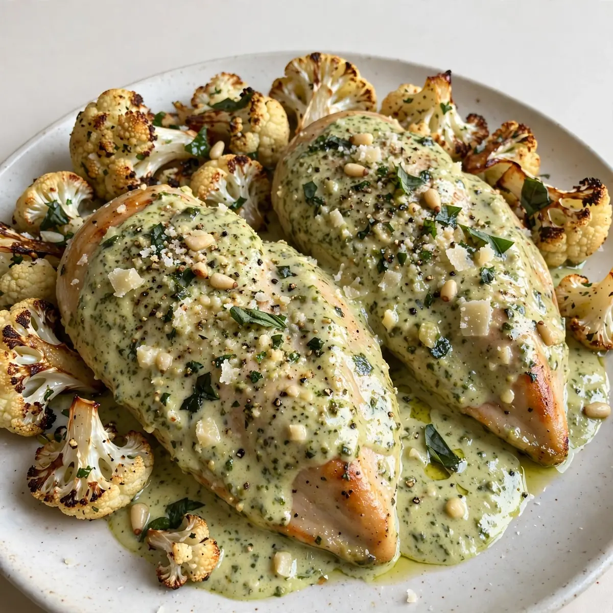 Creamy Pesto Chicken with Roasted Cauliflower: 30-Minute Weeknight Dinner