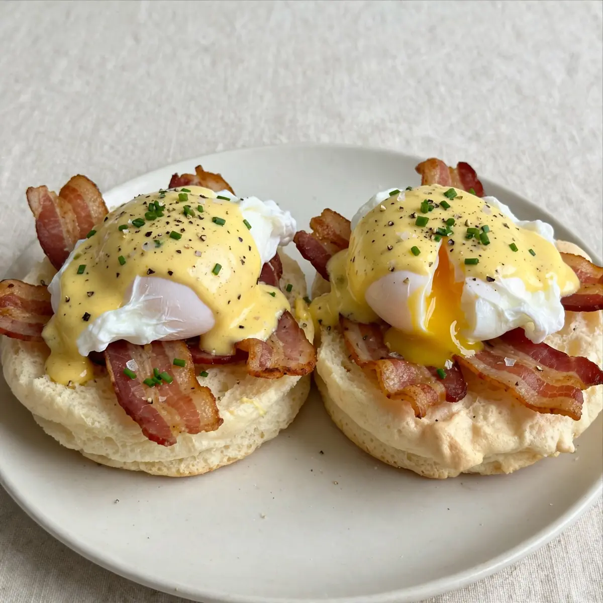 Easy Keto Eggs Benedict with Turkey Bacon on Cloud Bread