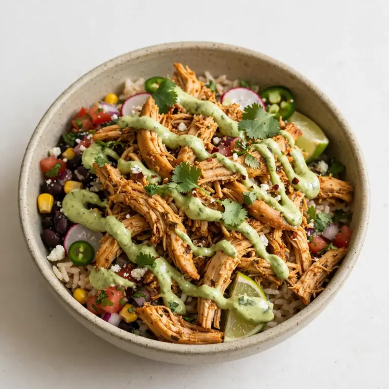 Weeknight Shredded Mexican Chicken Bowls with Avocado Crema