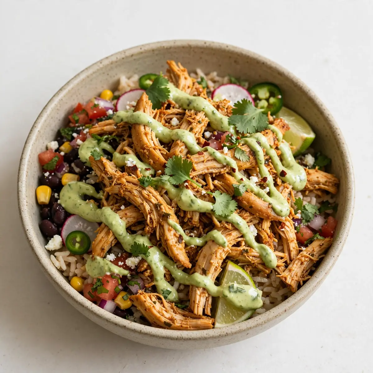 Weeknight Shredded Mexican Chicken Bowls with Avocado Crema